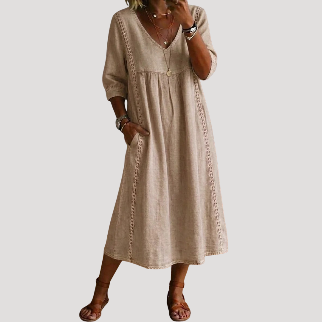 Kara – Relaxed Half-Sleeve Casual Midi Dress, Apricot / 2XL