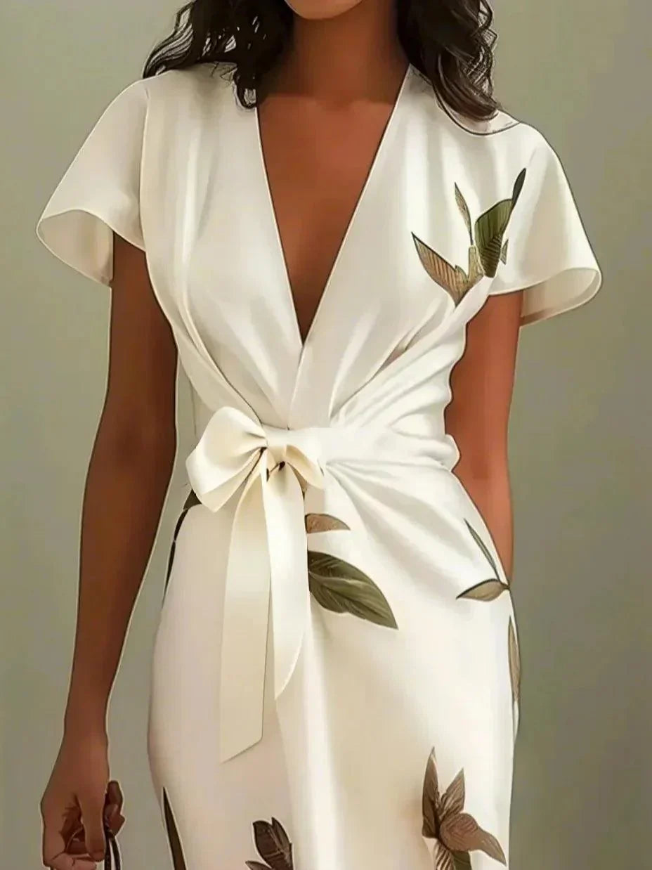 Harriet | Leaf Print Wrap Midi Dress with Tie Belt