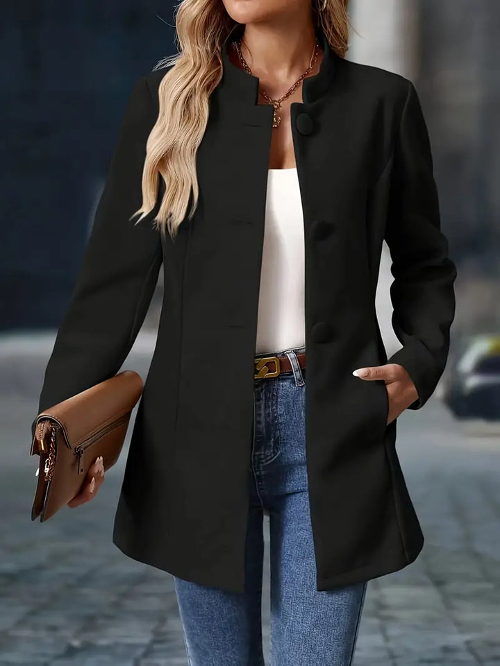 Liv – Stand-Collar Longline Blazer with Covered Buttons
