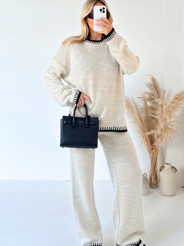 Kris – Whipstitch-Trim Sweater and Wide-Leg Trouser Set