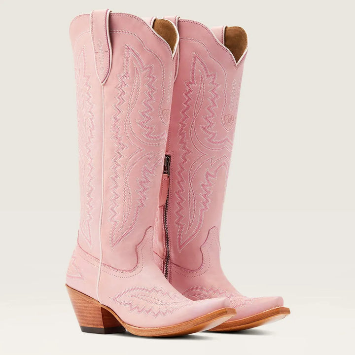 Bottes cowboy roses brodées. Bout pointu, talon cubain, zip latéral.