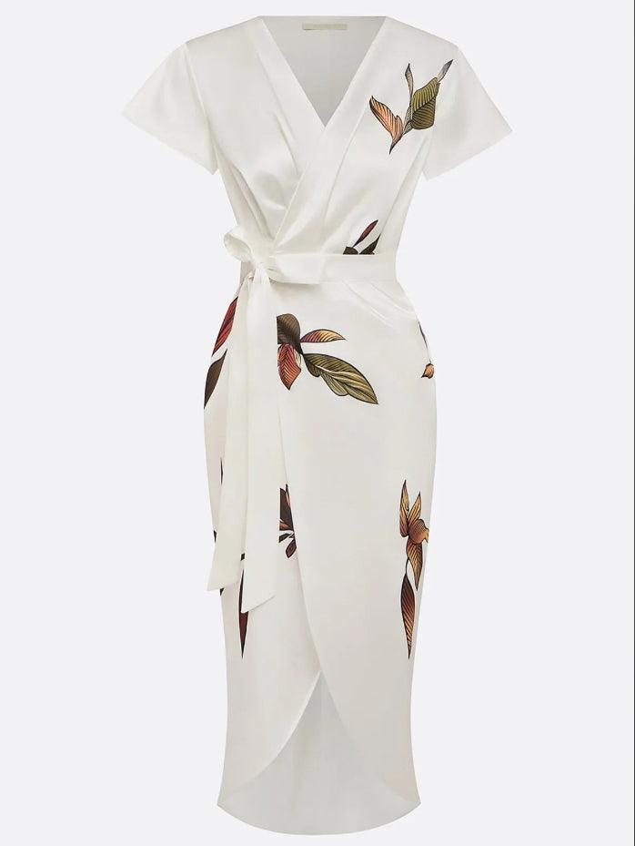 Harriet | Leaf Print Wrap Midi Dress with Tie Belt