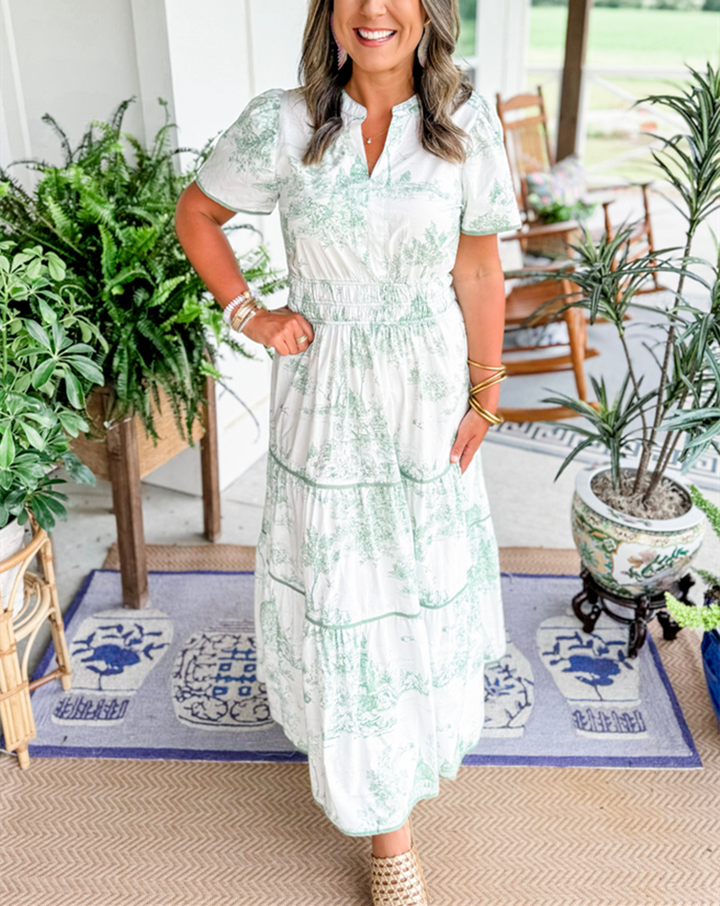 Constance | Tiered Toile Print Maxi Dress with Smocked Waist