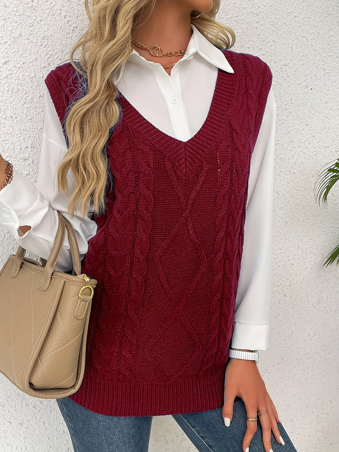 Gwendolen – Cable-Stitch V-Neck Sweater Vest for Women