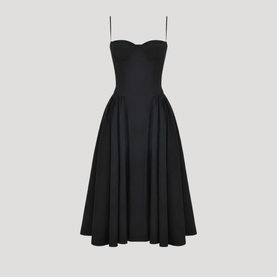 Kendra – Bustier Midi Dress with Gathered A-Line Skirt