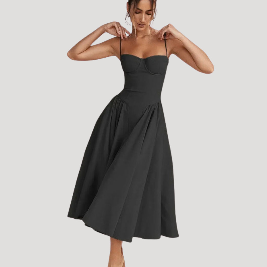 Joy – Corset Bodice Midi Dress with Pleated A-Line Skirt