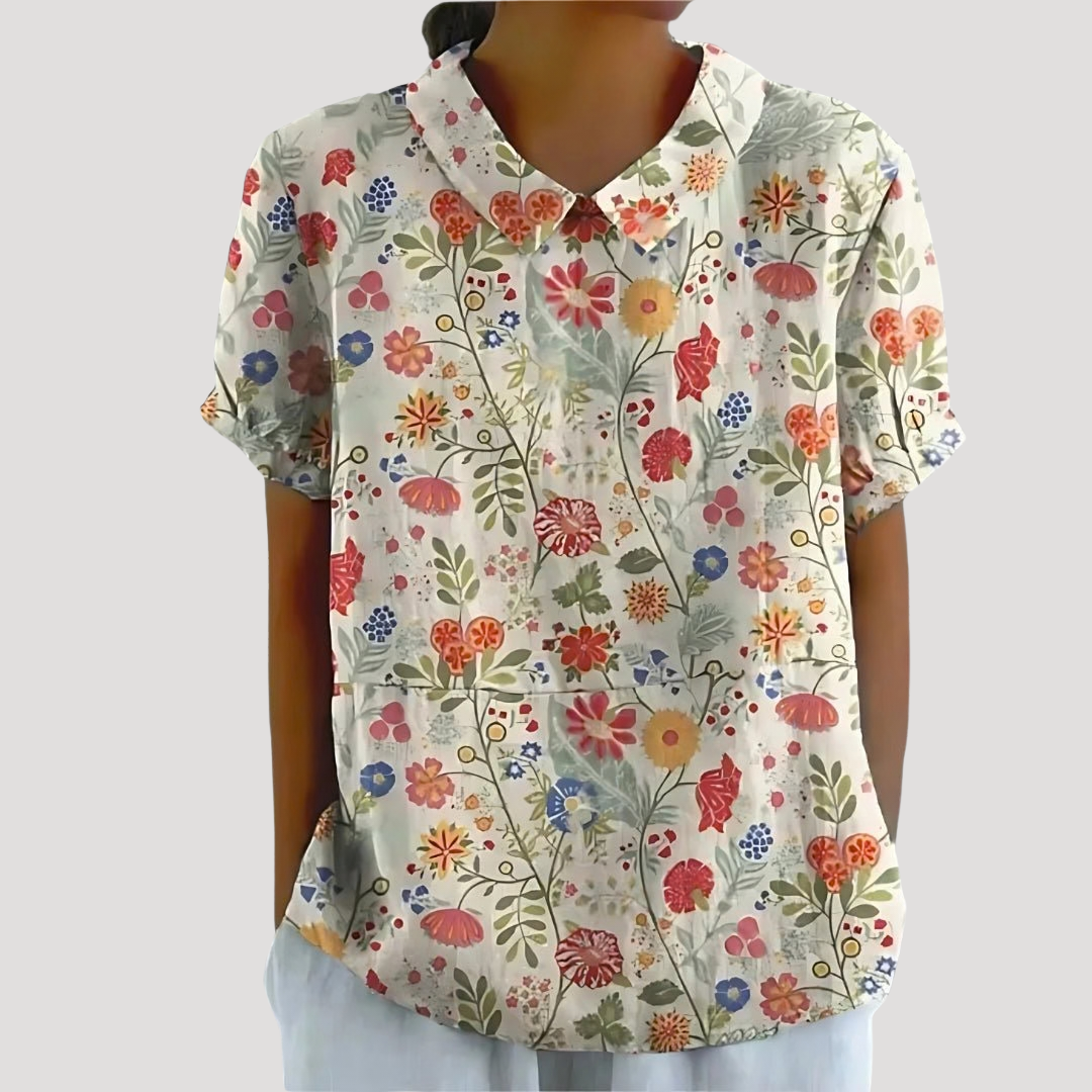 Lana – Floral Print Collared Short Sleeve Blouse