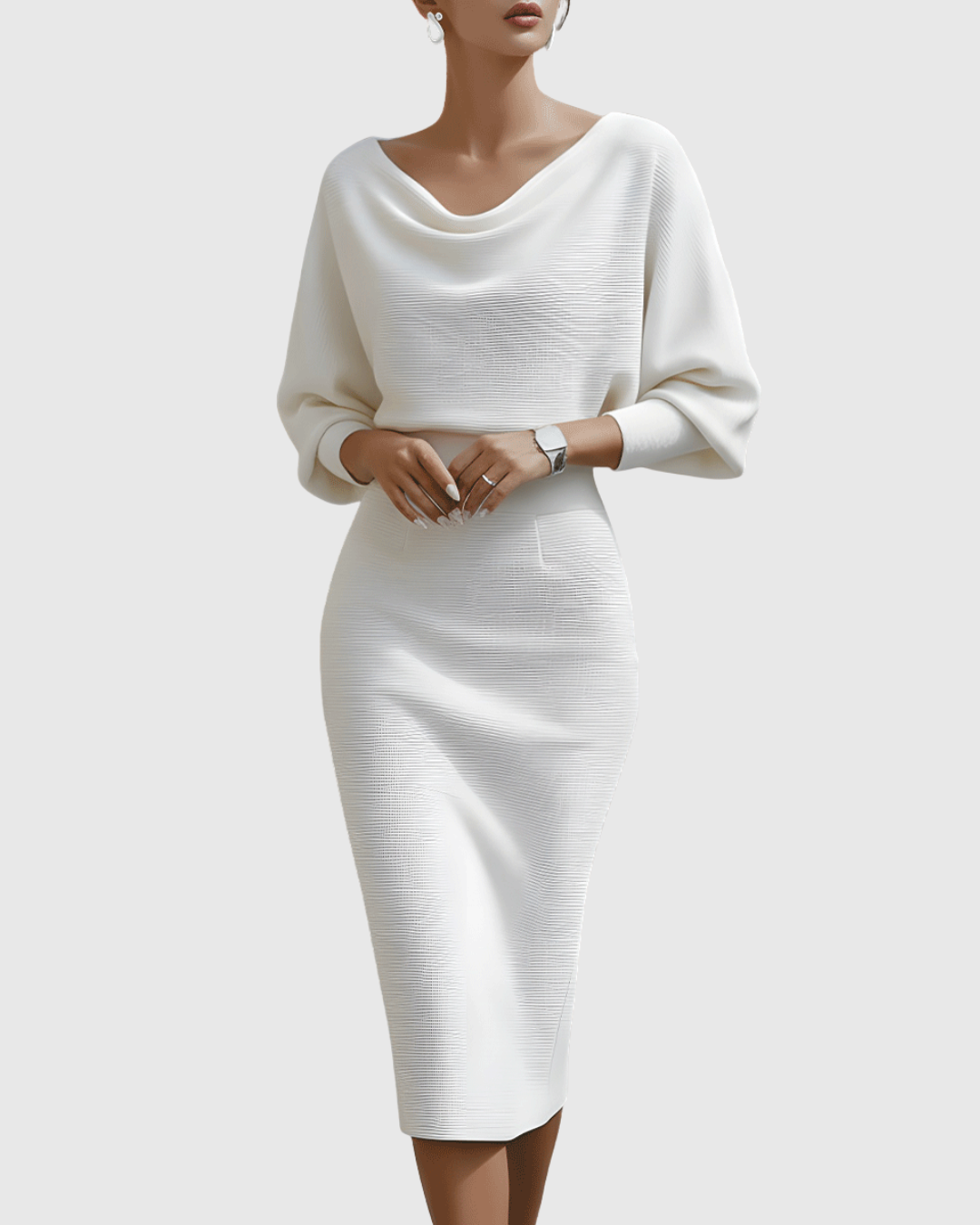 Genevieve – Draped Cowl-Neck Bodycon Midi Dress