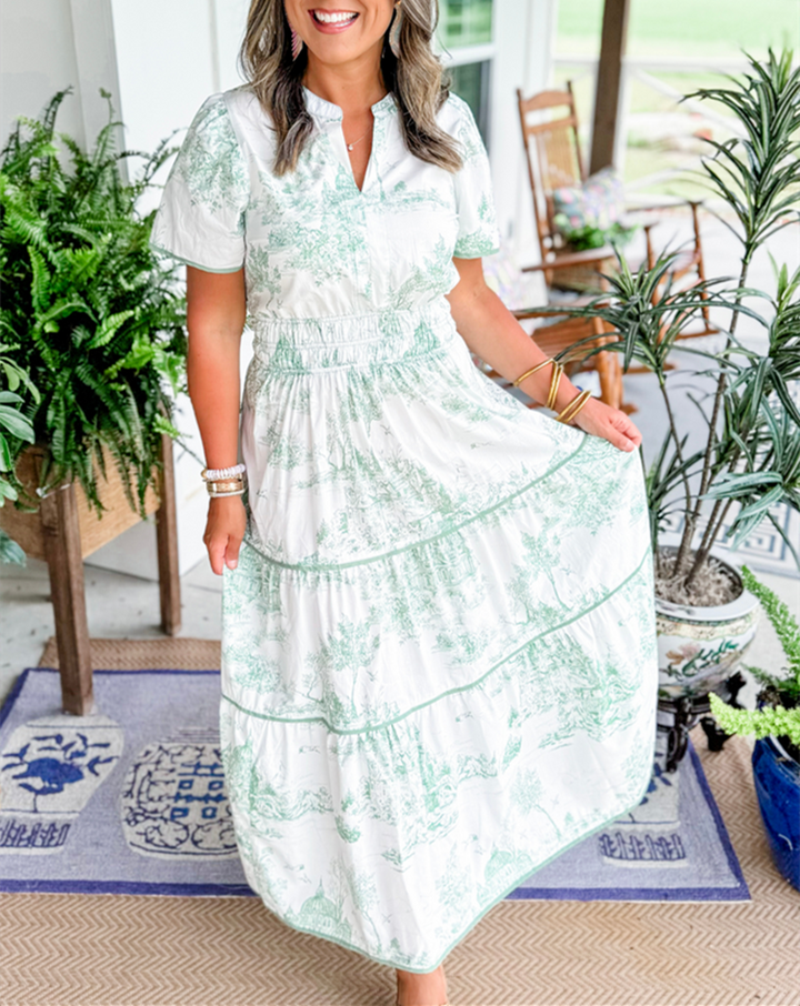 Constance | Tiered Toile Print Maxi Dress with Smocked Waist