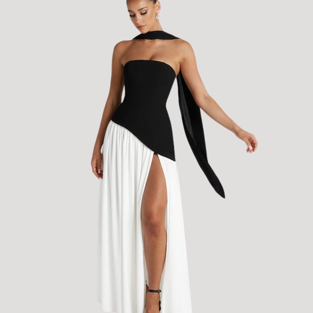 Juliet – Strapless Pleated Maxi Dress with Neck Scarf Detail