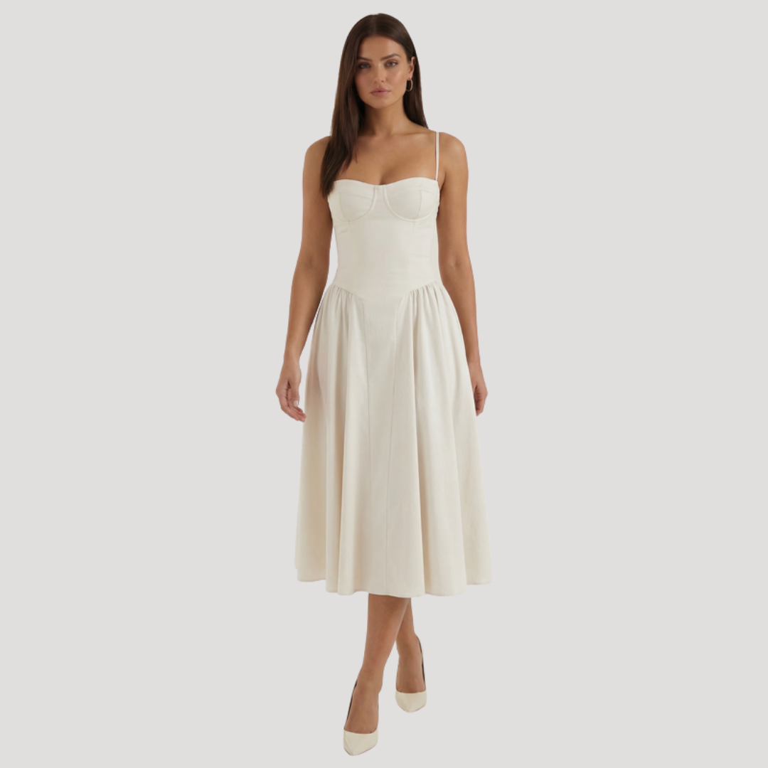 Kendra – Bustier Midi Dress with Gathered A-Line Skirt
