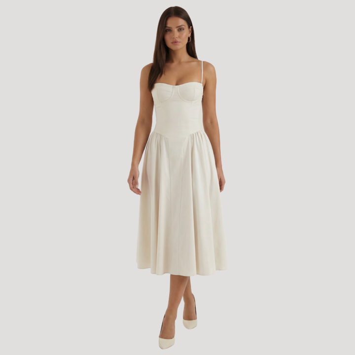 Kendra – Bustier Midi Dress with Gathered A-Line Skirt