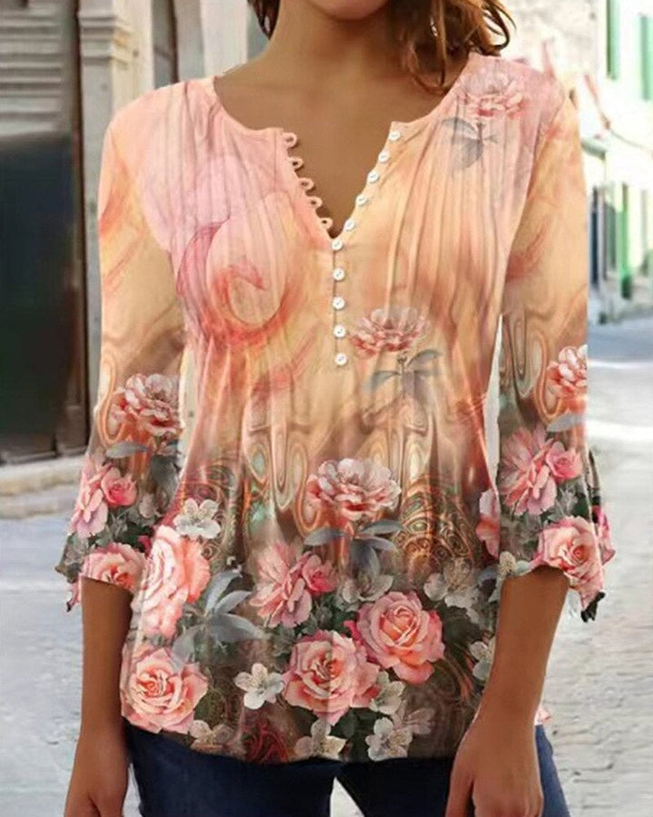 Angelica – Floral Print Pintuck Blouse with Button Placket