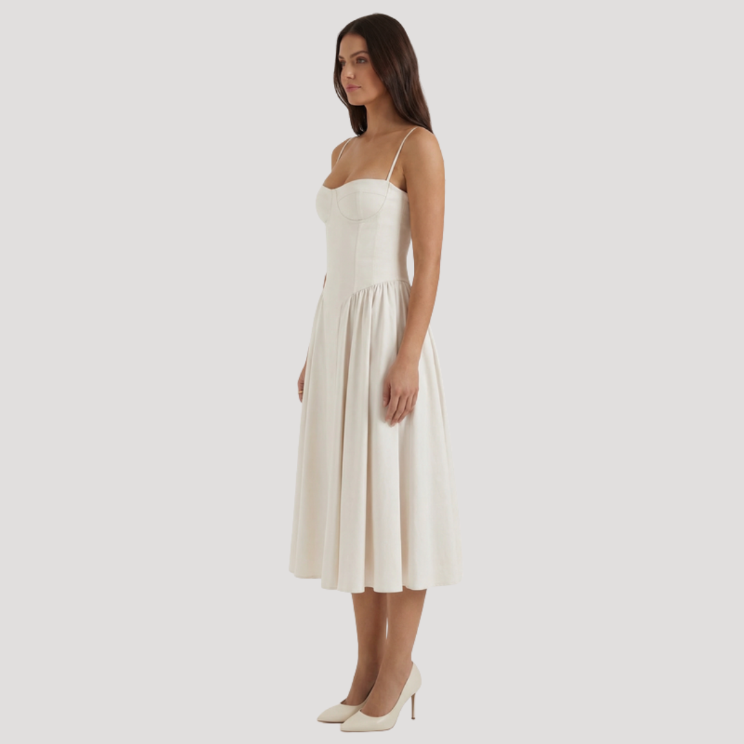Kendra – Bustier Midi Dress with Gathered A-Line Skirt