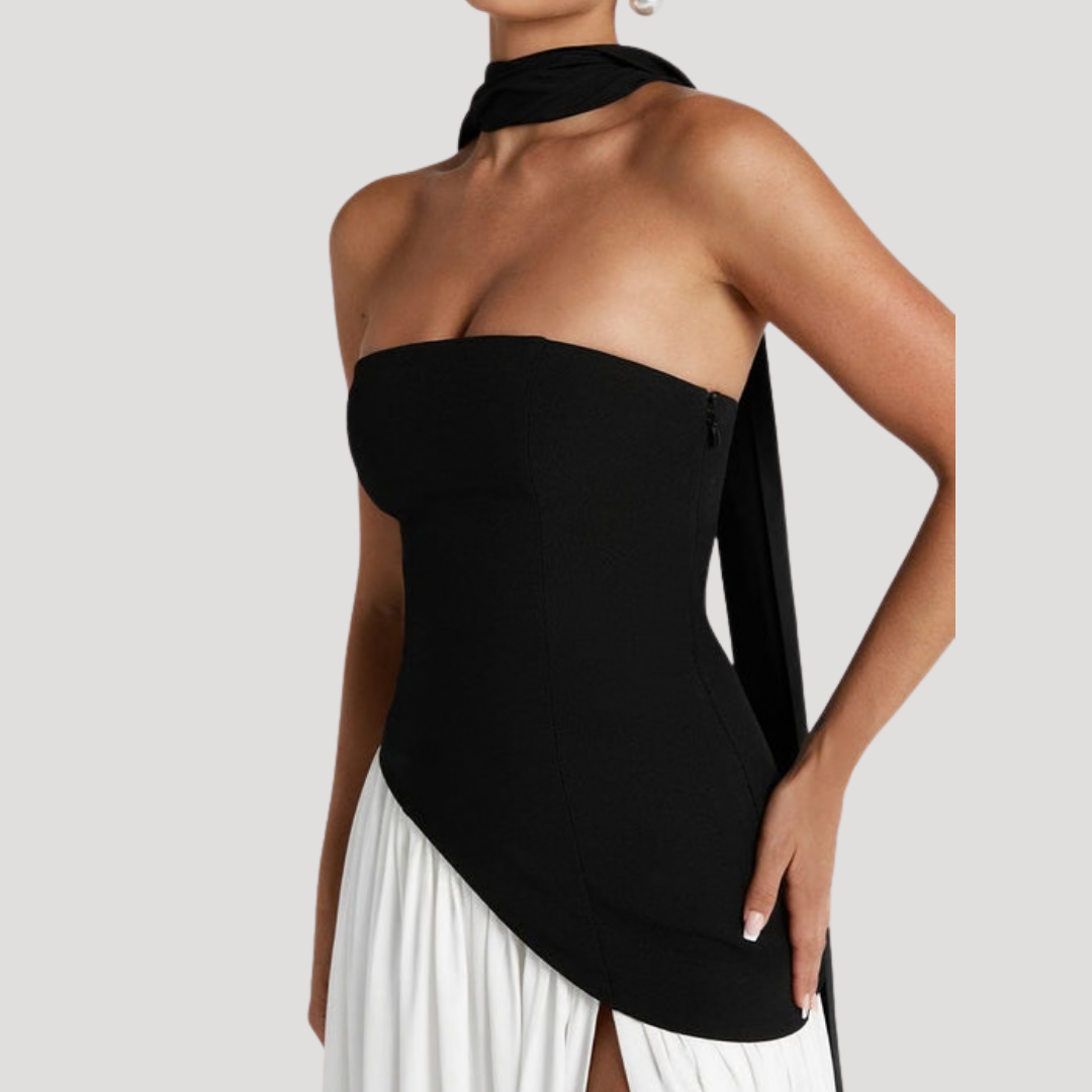 Juliet – Strapless Pleated Maxi Dress with Neck Scarf Detail