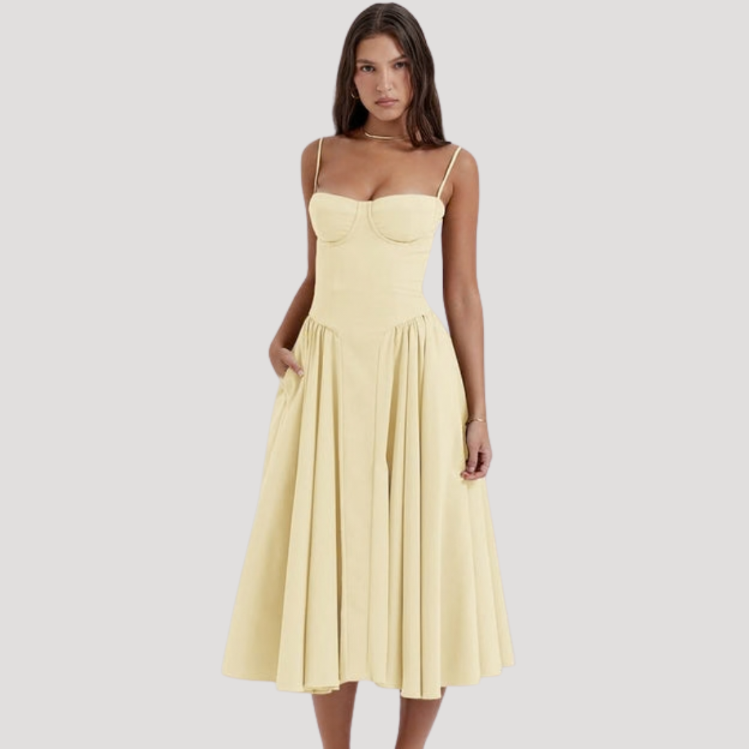 Joy – Corset Bodice Midi Dress with Pleated A-Line Skirt