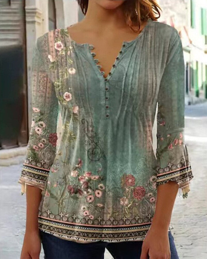 Angelica – Floral Print Pintuck Blouse with Button Placket
