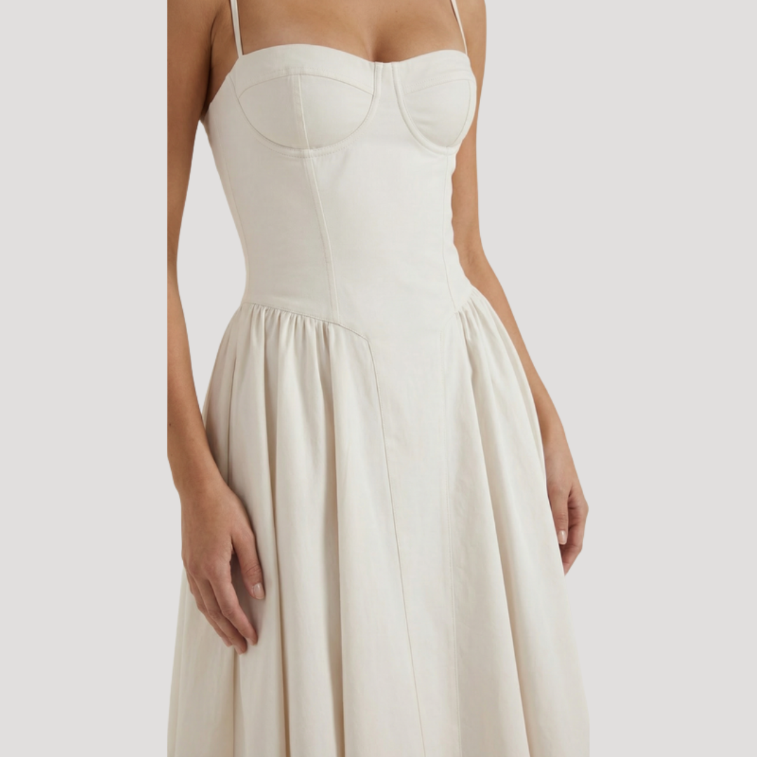 Kendra – Bustier Midi Dress with Gathered A-Line Skirt