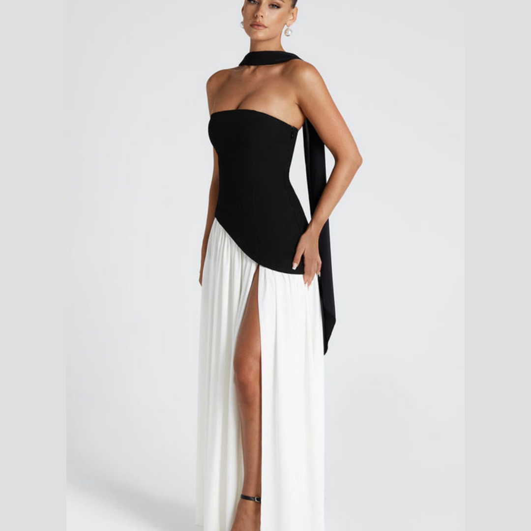 Juliet – Strapless Pleated Maxi Dress with Neck Scarf Detail