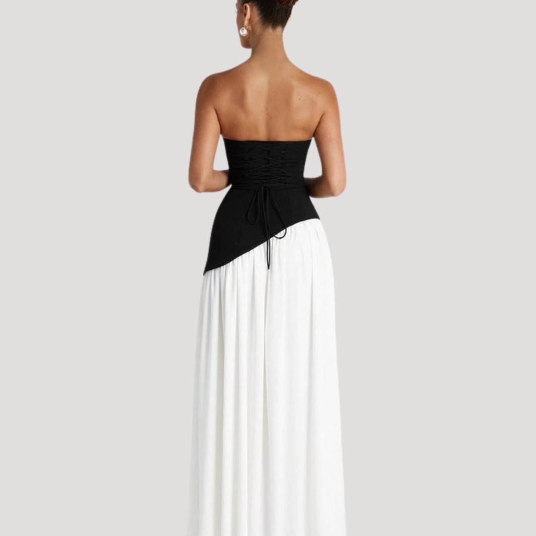 Juliet – Strapless Pleated Maxi Dress with Neck Scarf Detail