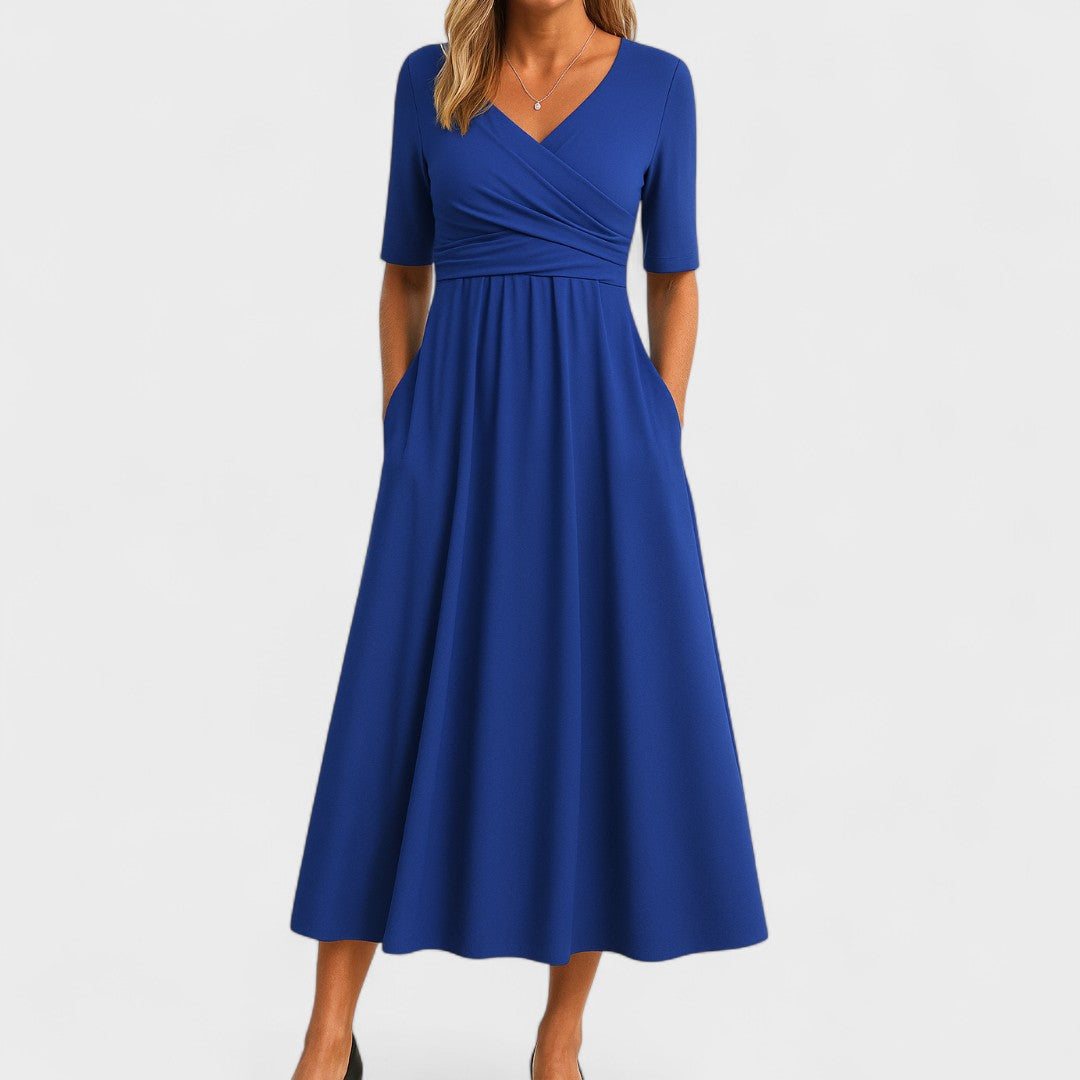 Judith – Refined Midi Dress with Pleated V-Neck Bodice