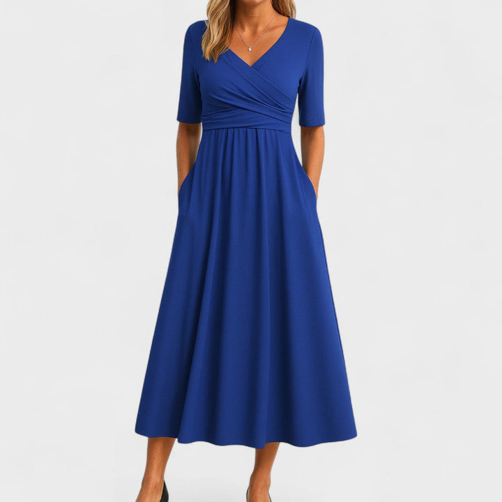 Judith – Refined Midi Dress with Pleated V-Neck Bodice
