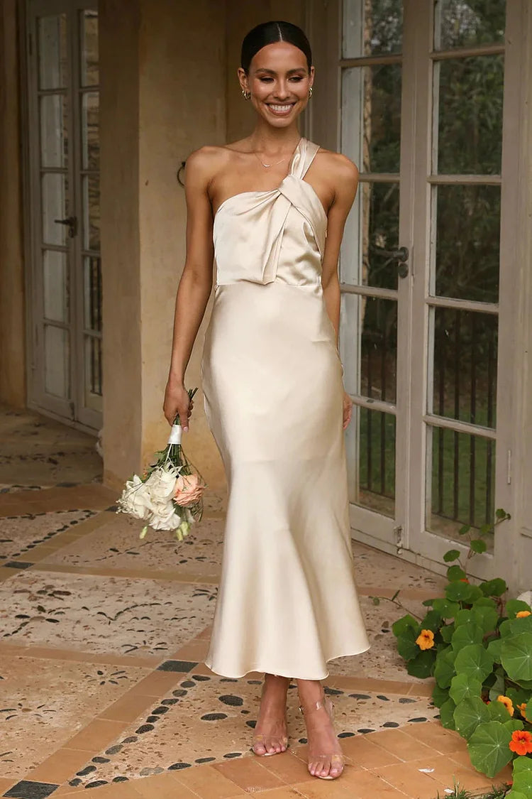 Aspen – Asymmetric Halter Fishtail Midi Dress, Wedding Guest