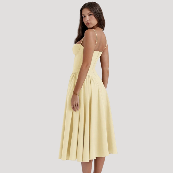 Joy – Corset Bodice Midi Dress with Pleated A-Line Skirt