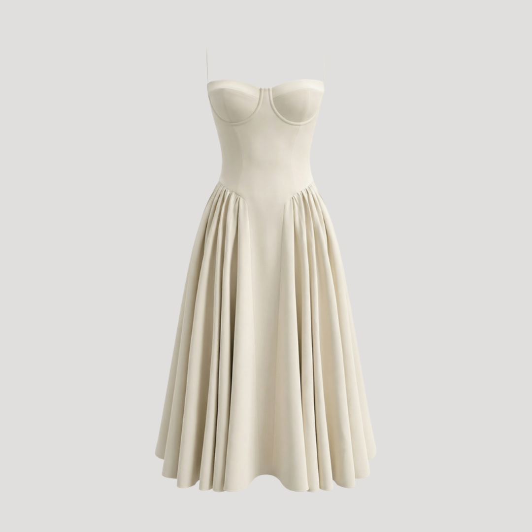 Kendra – Bustier Midi Dress with Gathered A-Line Skirt