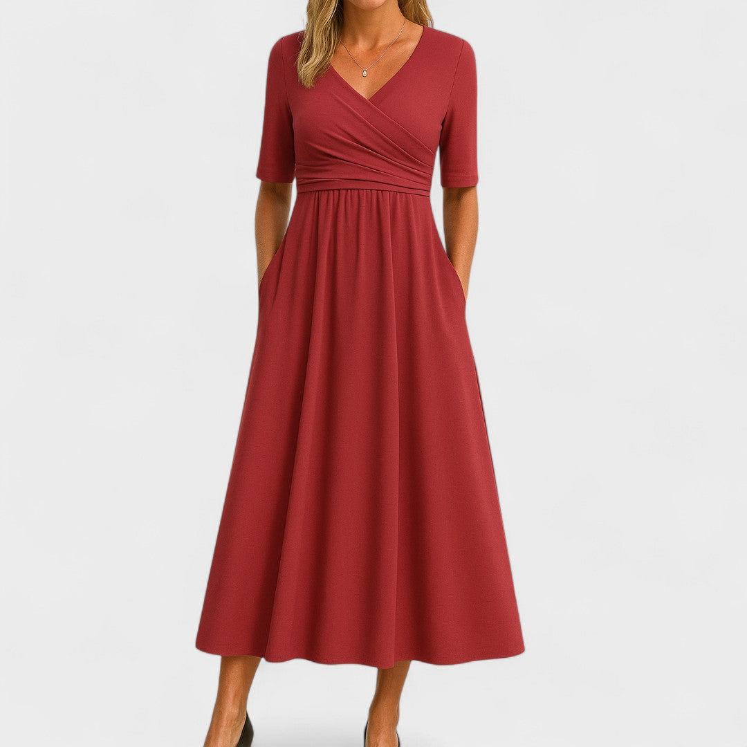 Judith – Refined Midi Dress with Pleated V-Neck Bodice