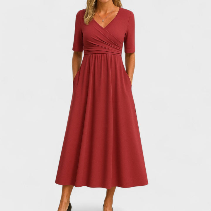 Judith – Refined Midi Dress with Pleated V-Neck Bodice