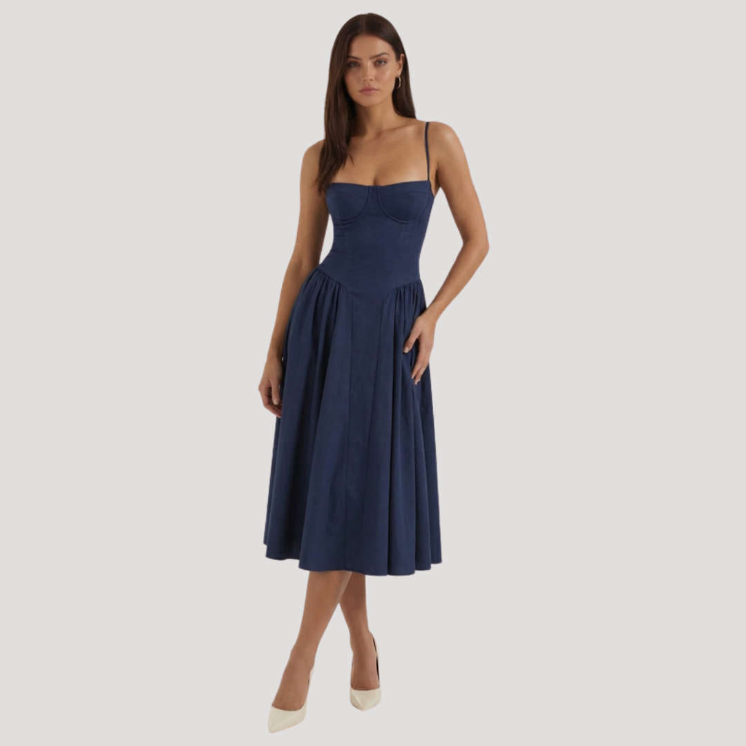 Kendra – Bustier Midi Dress with Gathered A-Line Skirt