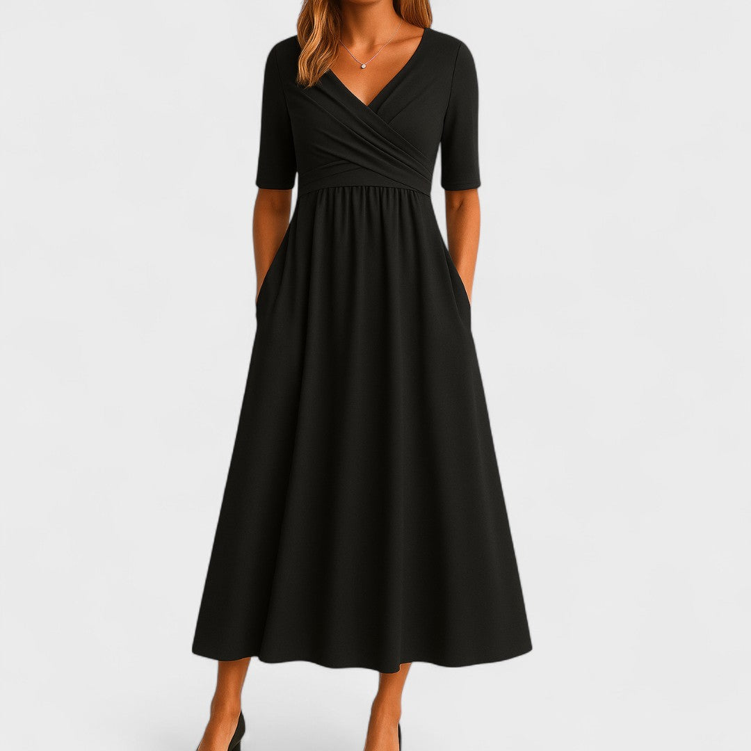 Judith – Refined Midi Dress with Pleated V-Neck Bodice