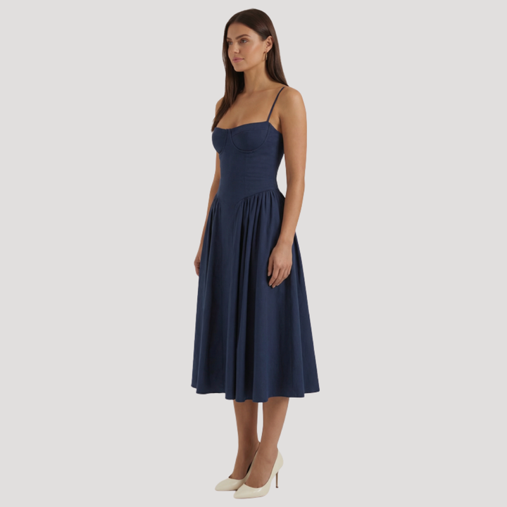 Kendra – Bustier Midi Dress with Gathered A-Line Skirt
