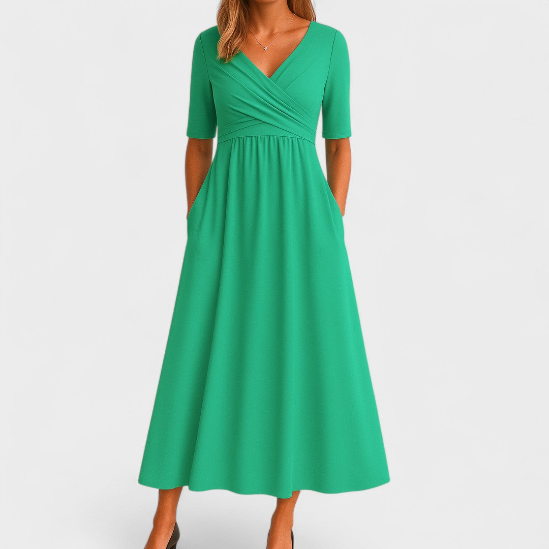 Judith – Refined Midi Dress with Pleated V-Neck Bodice