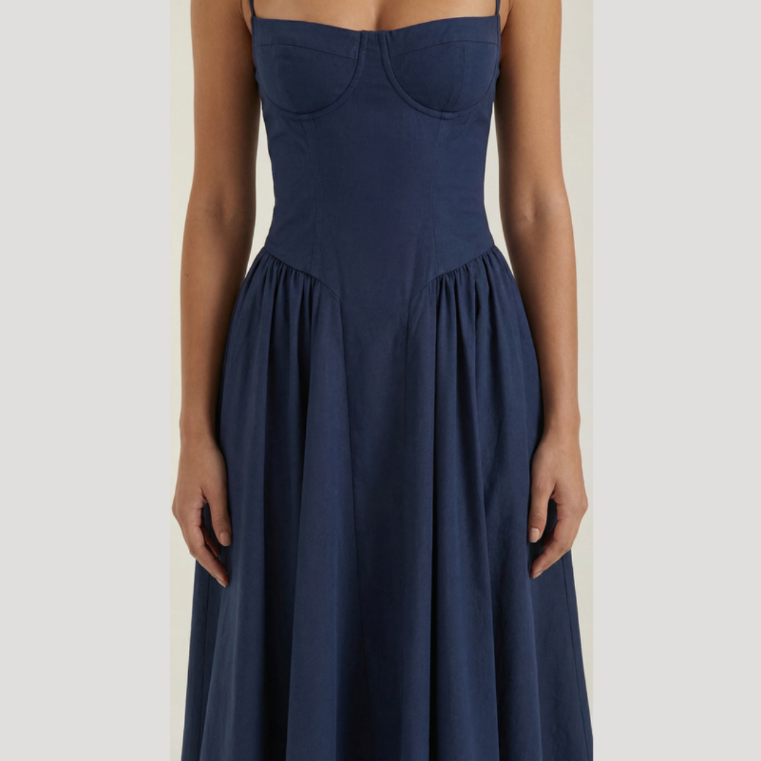 Kendra – Bustier Midi Dress with Gathered A-Line Skirt