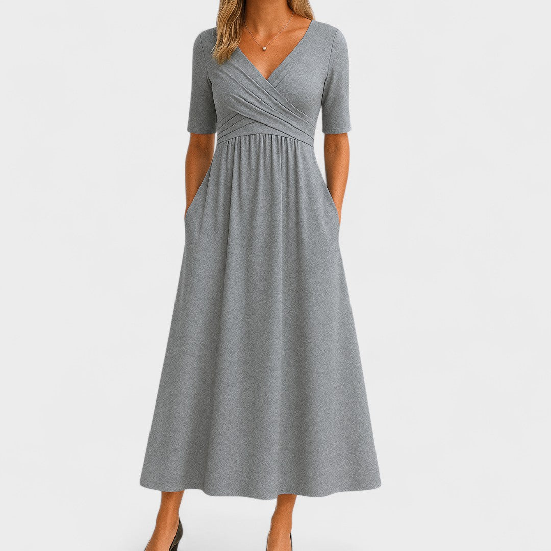 Judith – Refined Midi Dress with Pleated V-Neck Bodice