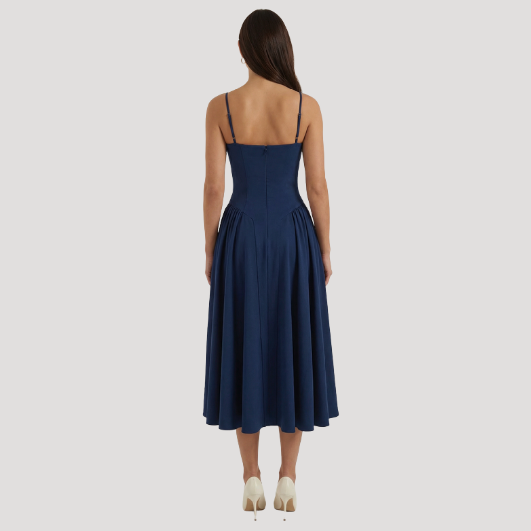 Kendra – Bustier Midi Dress with Gathered A-Line Skirt