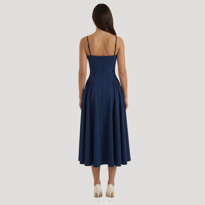 Kendra – Bustier Midi Dress with Gathered A-Line Skirt