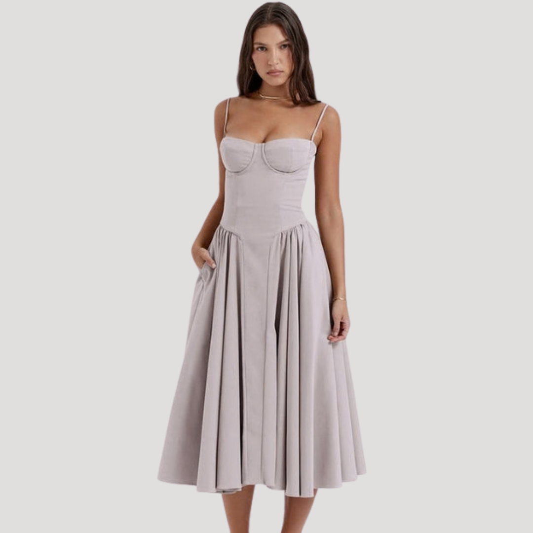 Joy – Corset Bodice Midi Dress with Pleated A-Line Skirt