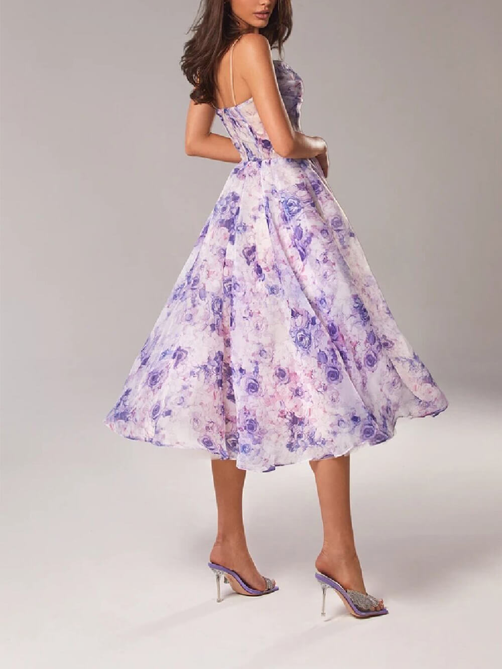 Laura – Elegant Strapless Midi Dress with Printed Swing Silhouette