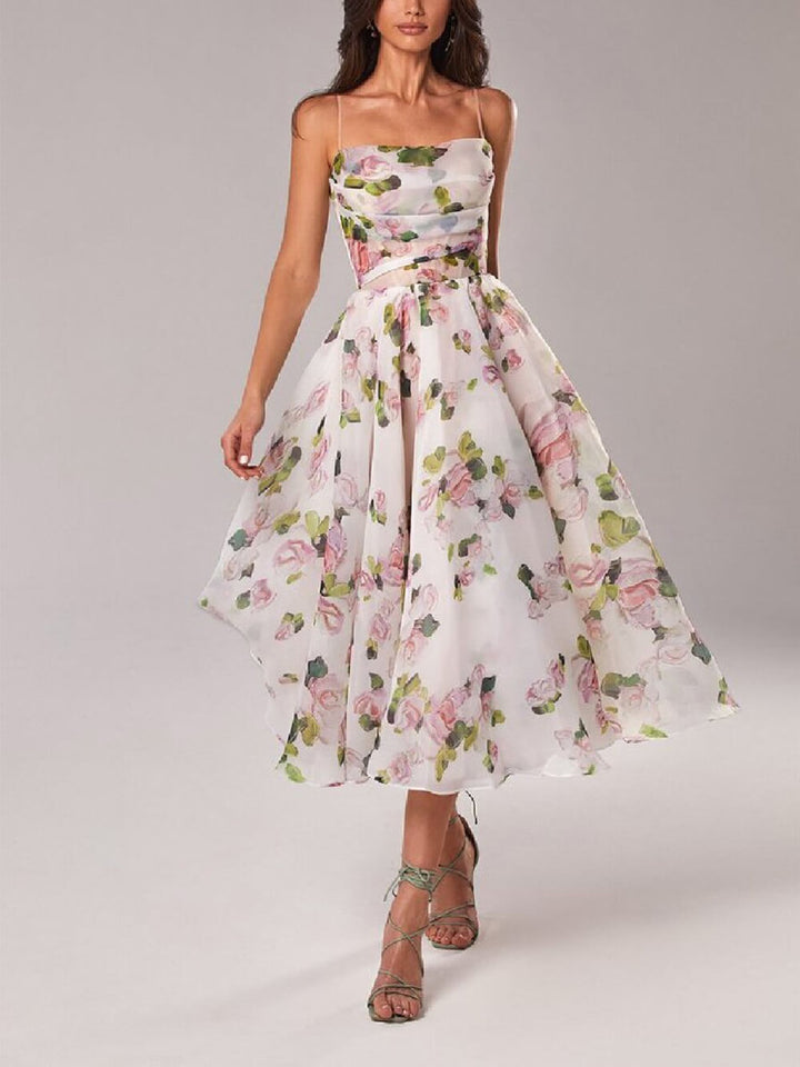 Laura – Elegant Strapless Midi Dress with Printed Swing Silhouette