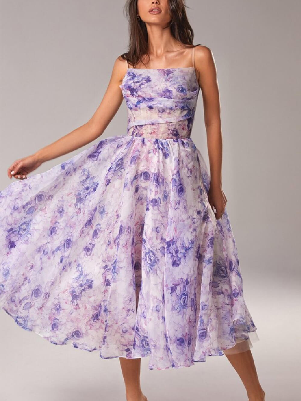 Laura – Elegant Strapless Midi Dress with Printed Swing Silhouette