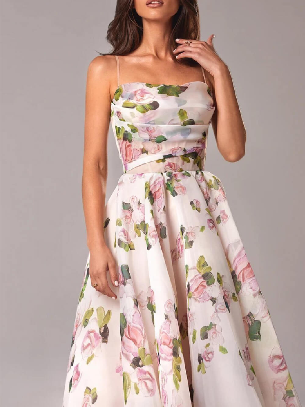 Laura – Elegant Strapless Midi Dress with Printed Swing Silhouette