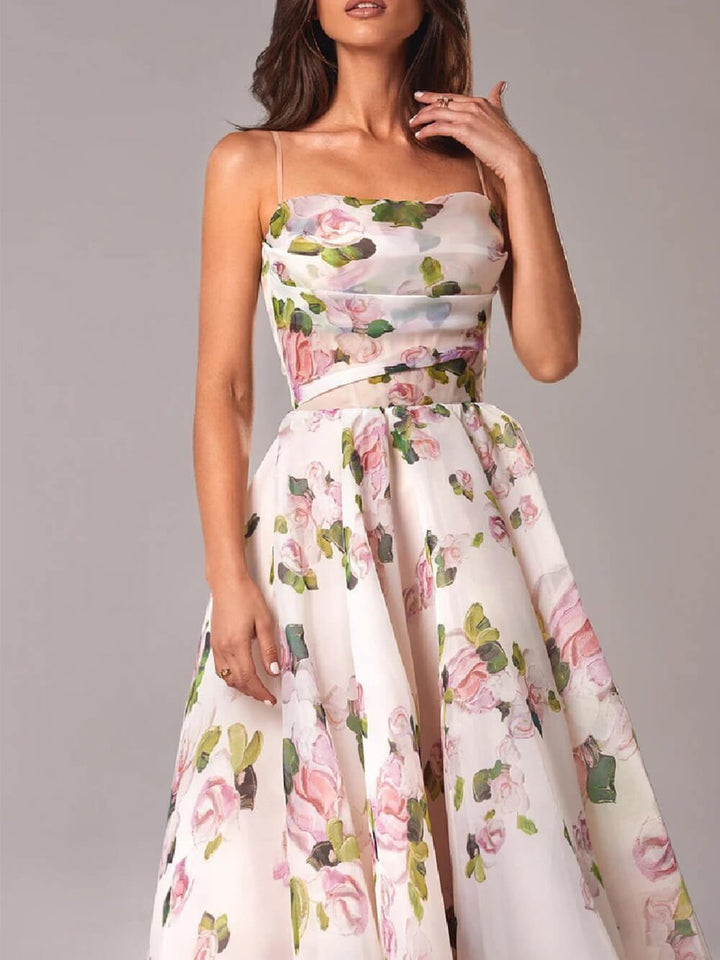 Laura – Elegant Strapless Midi Dress with Printed Swing Silhouette