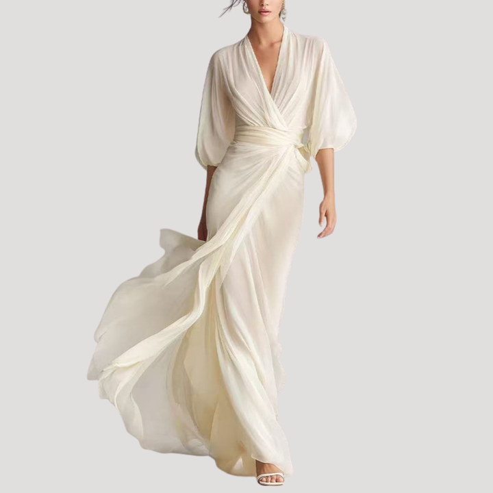 Kayla – Flowing Wrap Maxi Dress with Bishop Sleeves