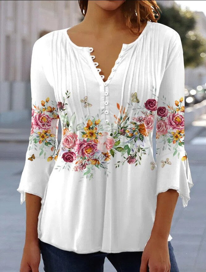 Angelica – Floral Print Pintuck Blouse with Button Placket