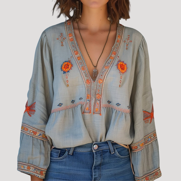 Krista – Embroidered Boho Bell Sleeve Blouse