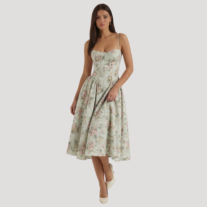 Kendra – Bustier Midi Dress with Gathered A-Line Skirt