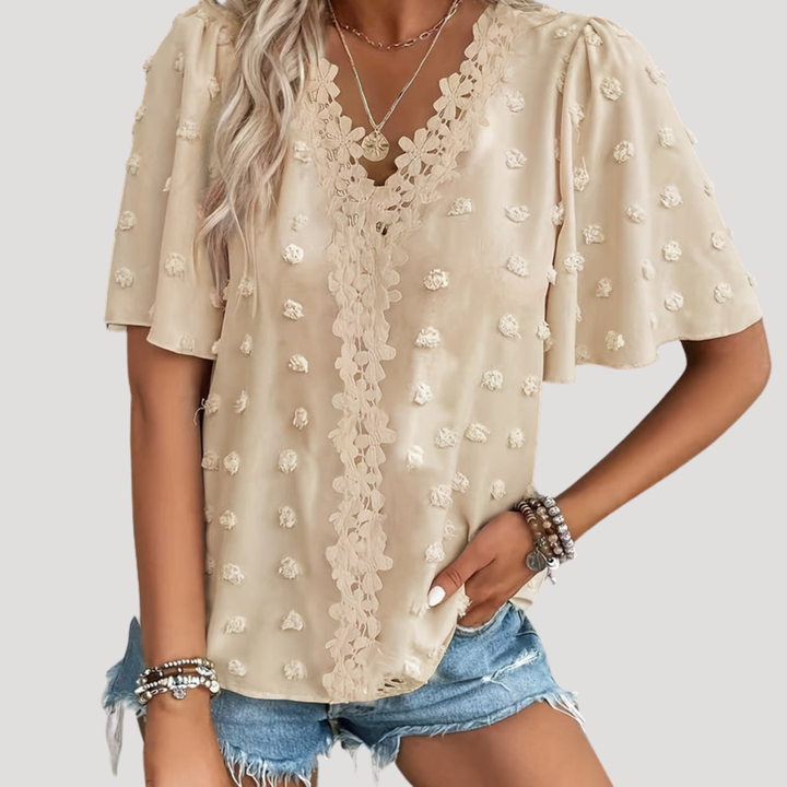 Maggie – Flutter Sleeve V-Neck Blouse with Pom-Pom Texture